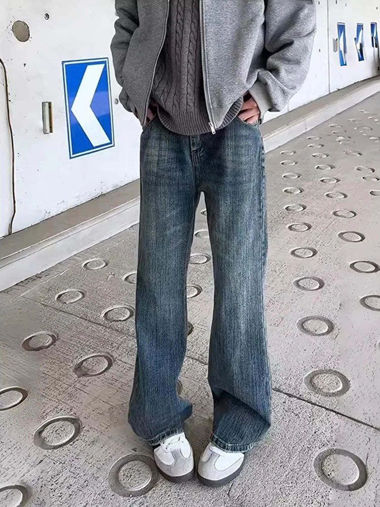 

American Retro Blue Bamboo Lightning Pattern Men's Flared Jeans High Street Sle Narrow Straight Leg Jeans Clean Fit