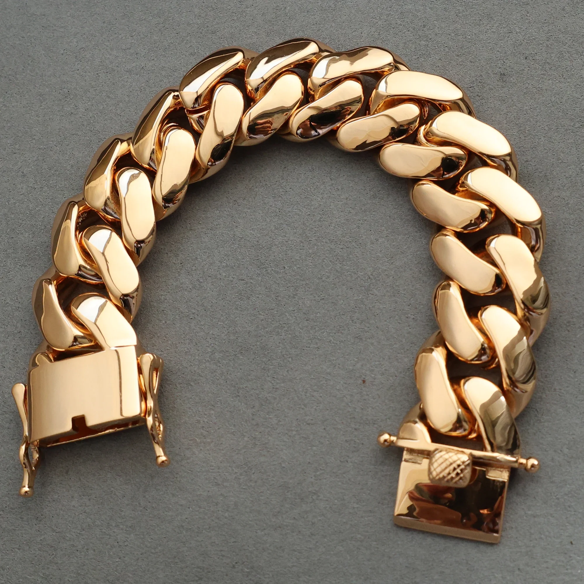 25mm Light Gold Plated Miami Cuban Link Chain Bracelet Hip Hop Jewelry for Men