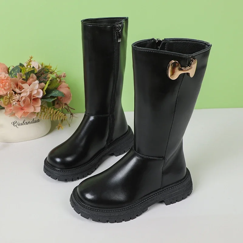 Girls Long Boots Black Fashion Kids Leather High Boots 2024 Autumn Winter Fashion Warm Fur Children Motorcycle Boots Classic