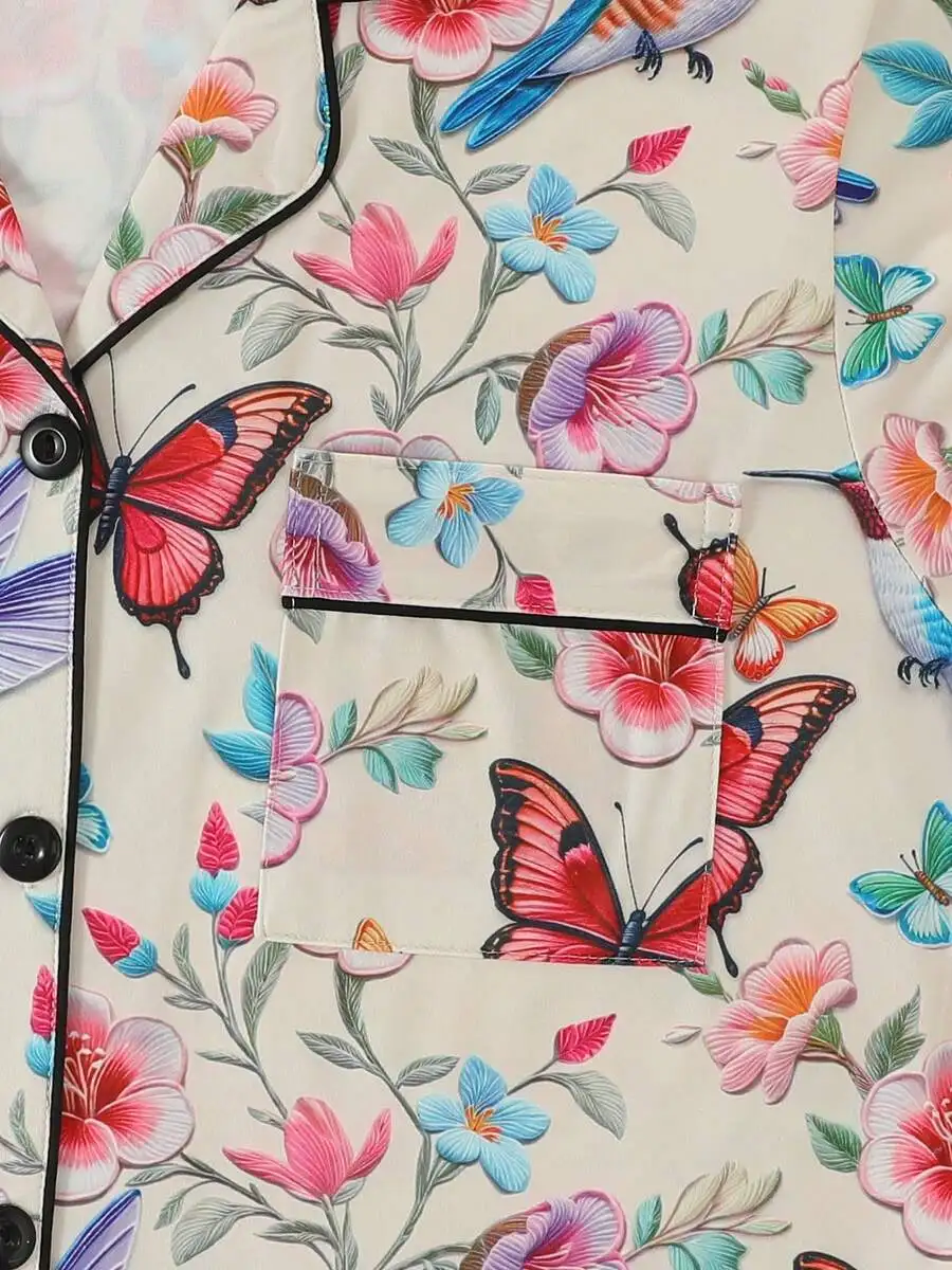 

Womens Floral Butterfly Bird Print Pajama Set Short Sleeve Lapel Button Sleepwear