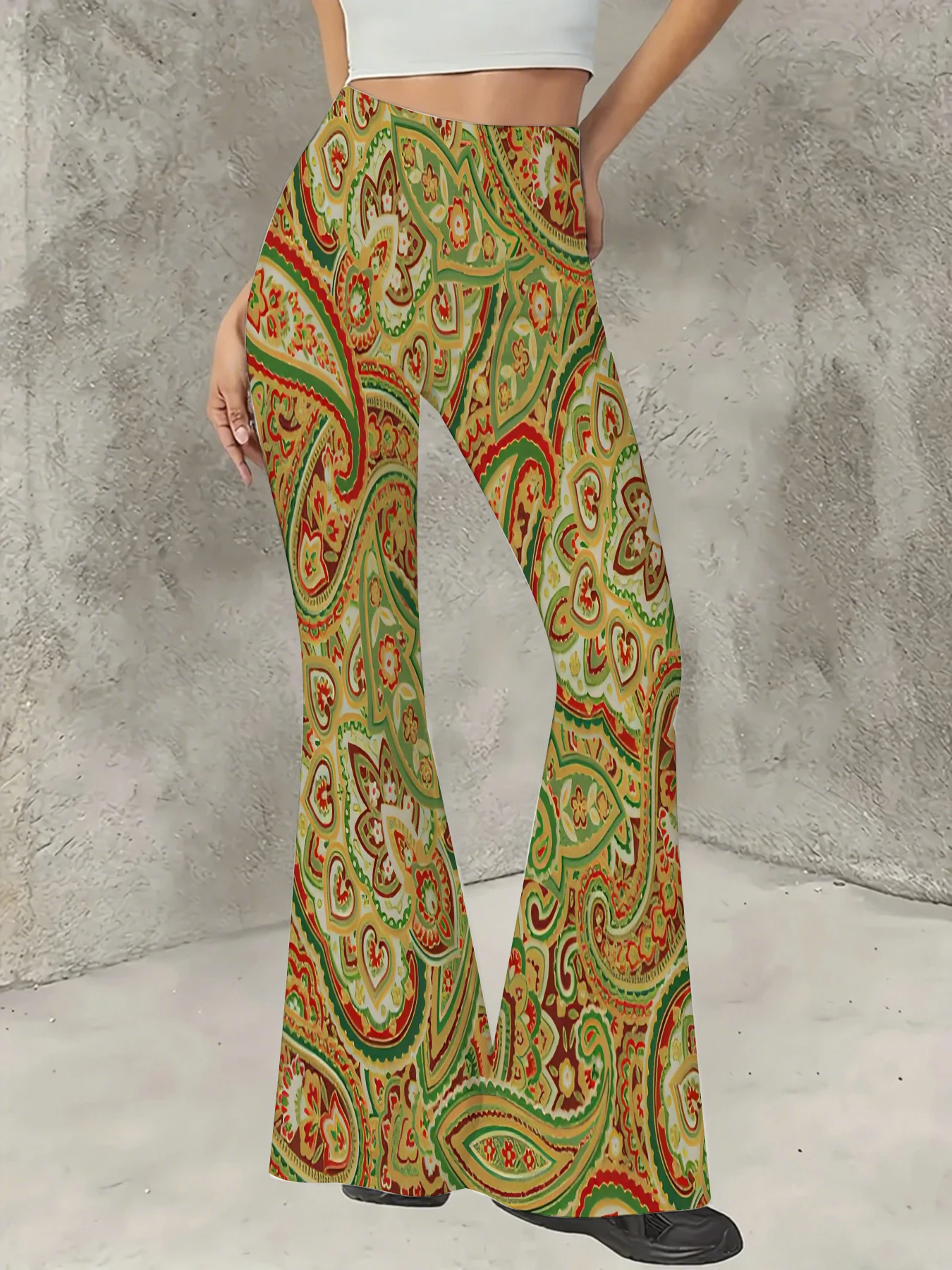 

Женские расклешенные брюки в стиле бохо с принтом пейсли, эластичные повседневные брюки-клеш для уличной моды