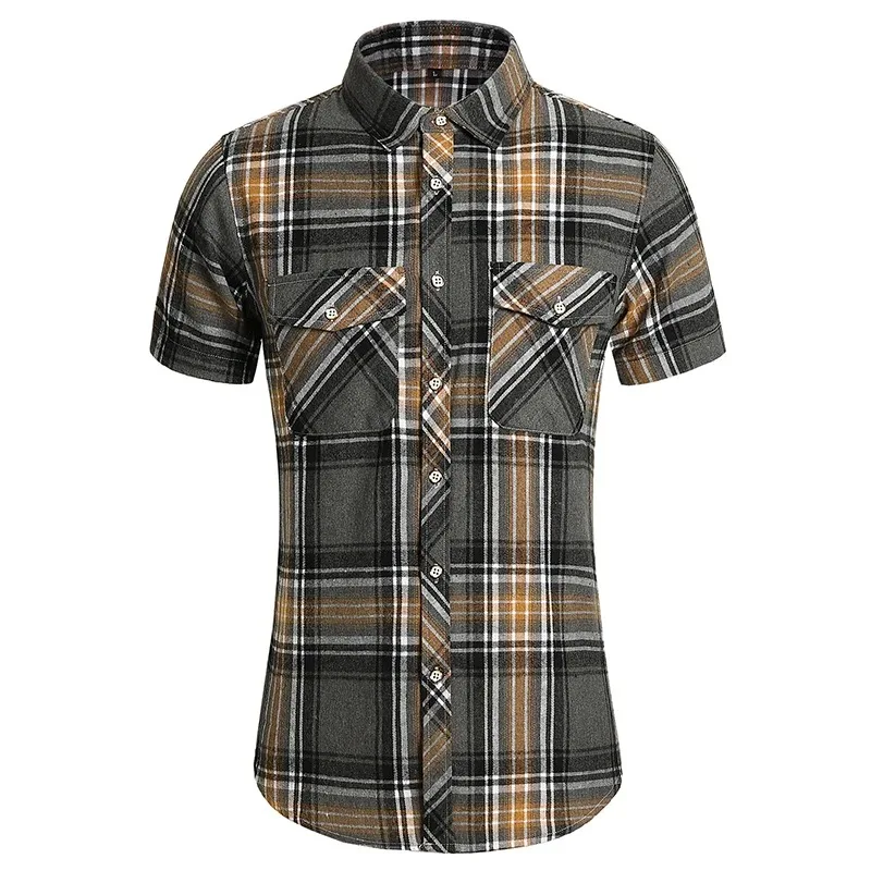 Men's Checkered Button Up Shirt Short Sleeved Casual Top Summer Double Pocket Fashionable Versatile Half Sleeve