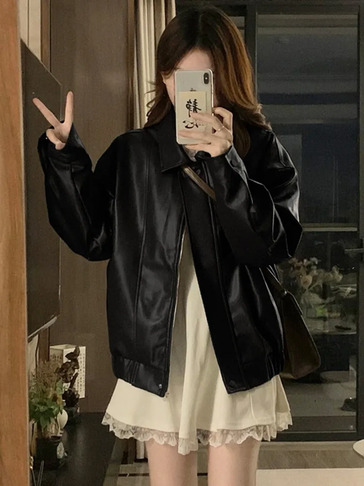Kumikumi المرأة فضفاضة تناسب سستة بولي Leather الجلود Jaet Bla التخسيس تنوعا الخريف أعلى جودة المواد مريحة Sle
