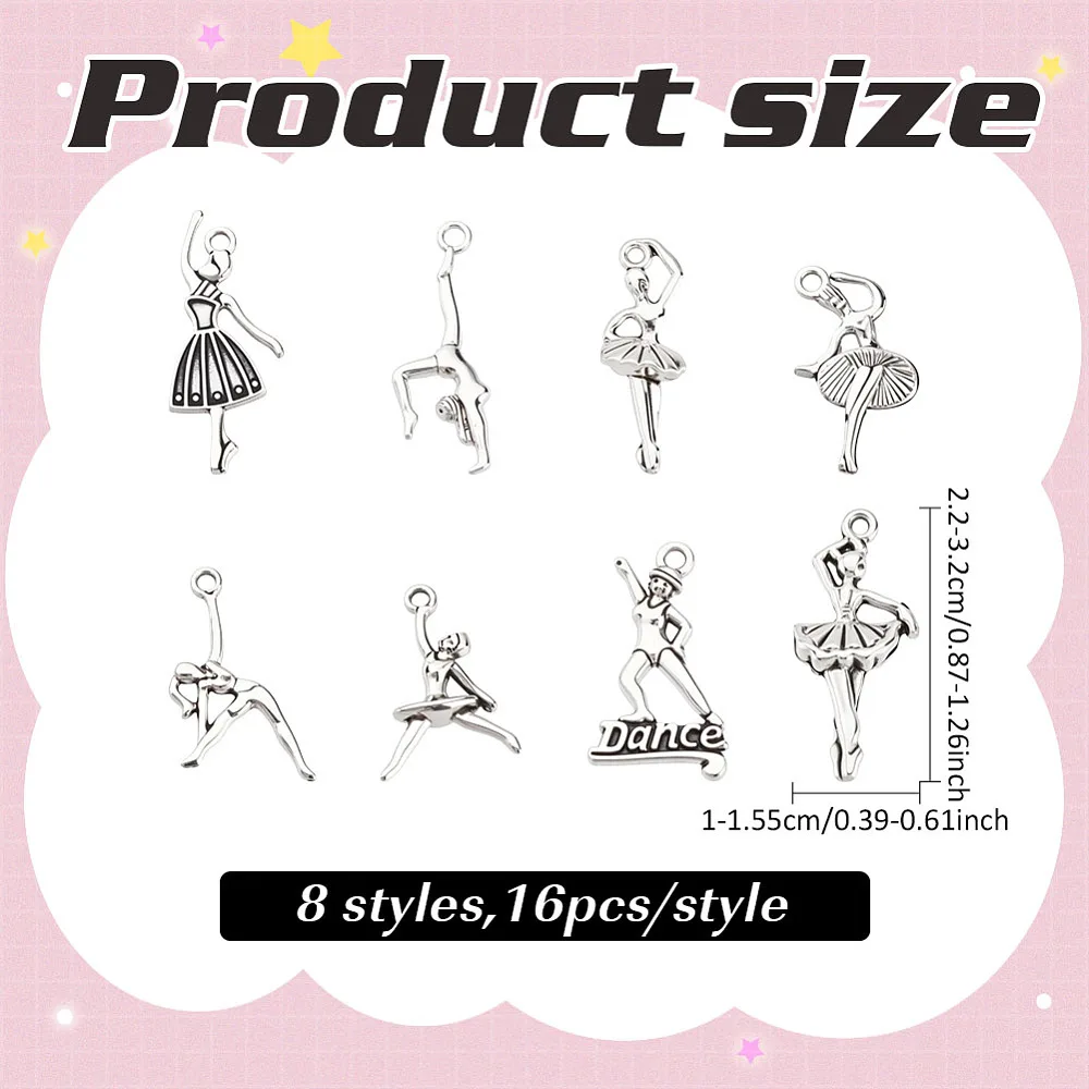 128Pcs 8 Styles Style Dancer Charm Alloy Pendants Silver Ballet Dancer Charms Assorted Dance Pendant