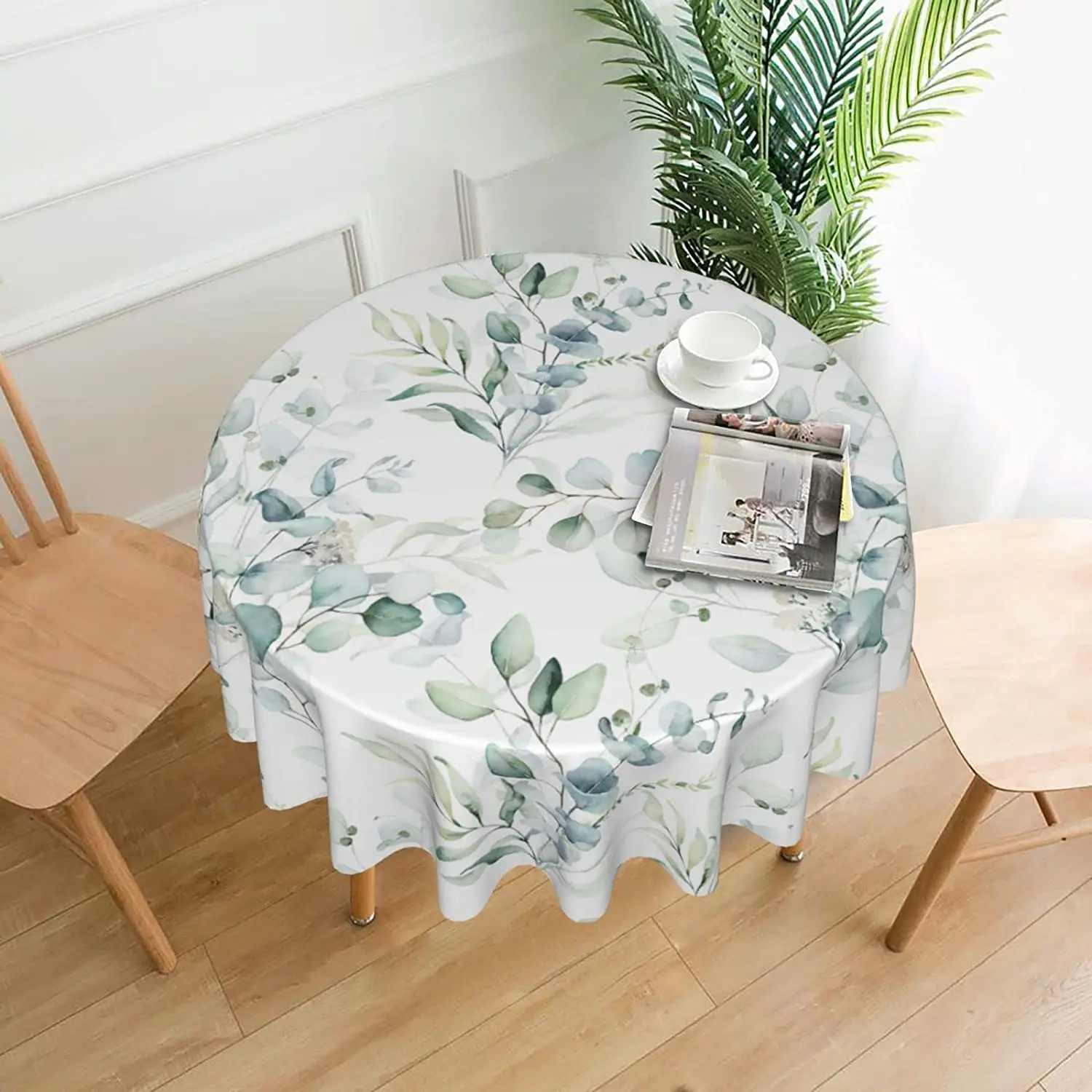 Spring Leaf Floral Sage Tablecloth Round 60 Inch Ruitic Watercolor Table Cloth Waterproof Fabric Green Grey Leaves Tablecloths
