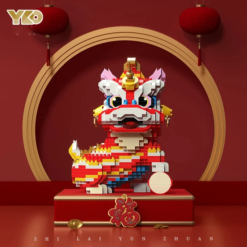 Chinese Lion Dance Building Blocks New Year Spring Festival Gift Creative Desktop Decoration Educational DIY Bricks Toys For Kid