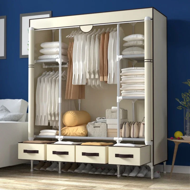 Simple two-person wardrobe, extended wardrobe, easy-to-assemble fabric wardrobe, thickened 19 tubes, 150CM, 4 storages