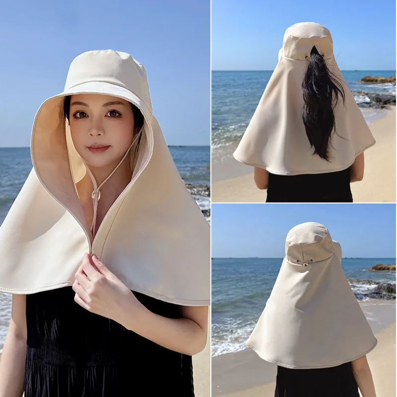 New Summer for Women Cycling Hiking Mountain Sun Protection Hat Ponytail Hole Shawl Bucket Hat Female Travel Big Brim Bucket Hat