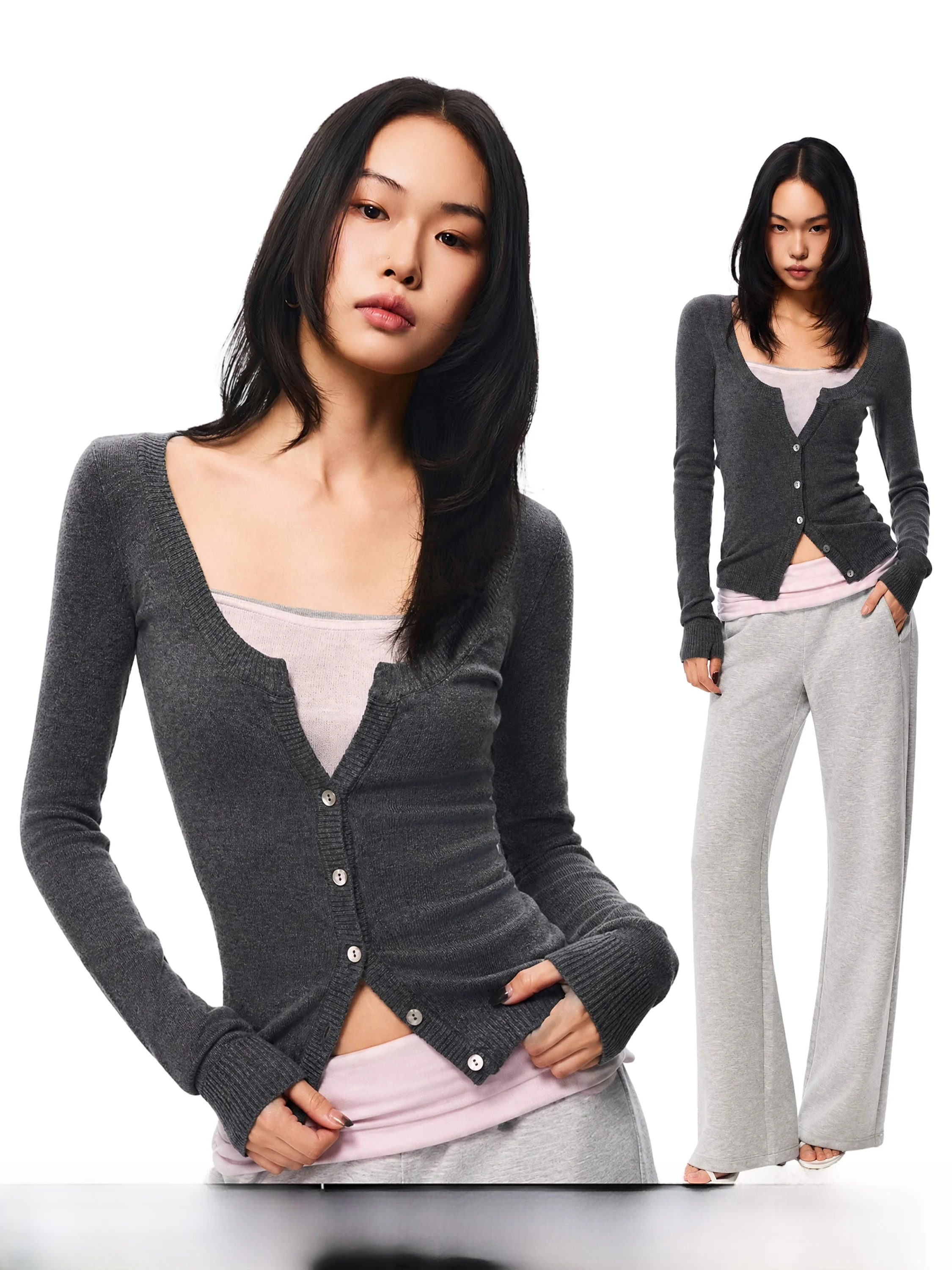American Style Grey Woolen Long Sleeve Knitted Sweater Women's Waist-Cinching Design Top GOGO BURN Casual Style Slim Fit
