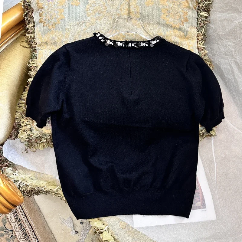 2024 Autumn Thin Short Sleeve Knitted Sweater Korean Fashion Casual Beaded Sequined Round Neck Black Short Pullover Top Women