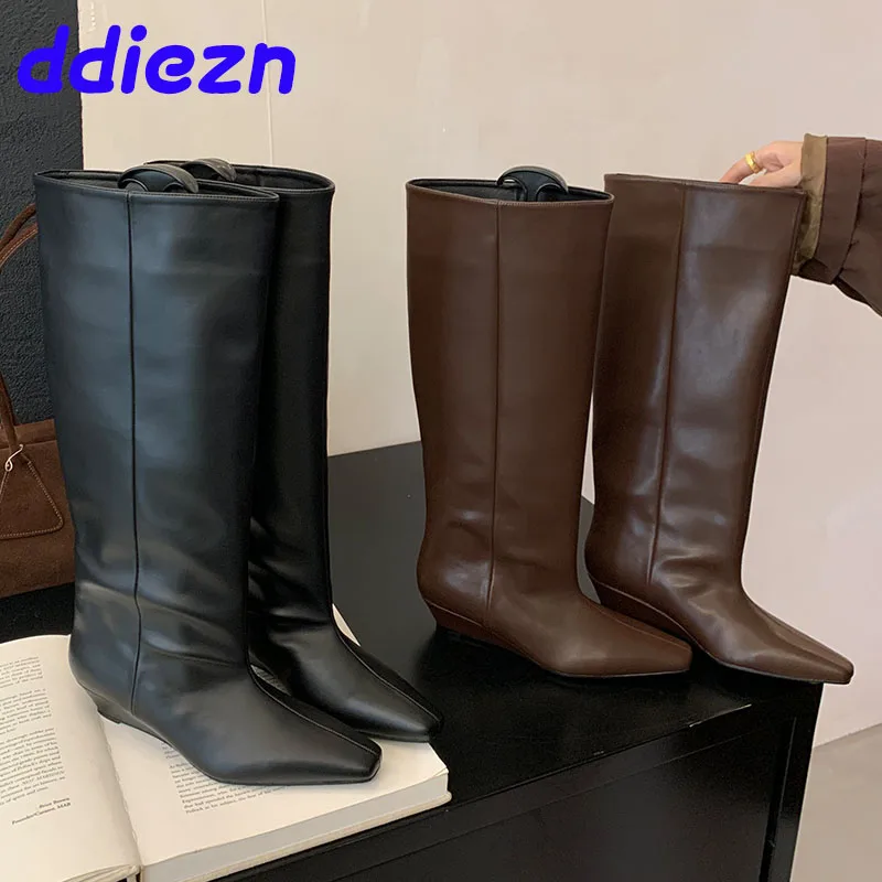 

Low Heel Shoes Women Knee High Western Boots With Wedges Shoes Fashion Female Slip On Footwear Long Booties For Ladies