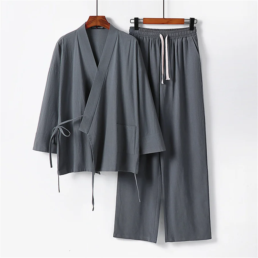 Niebieskie męskie letnie lniane zestawy dwuczęściowe Sznurowane topy kimono i długie spodnie Męski garnitur Hanfu Tang Plus Size