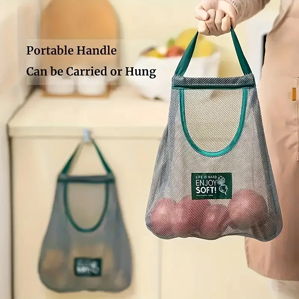 Wall-Mounted Breathable Mesh Storage Bag With Handle, Made Of Polyester, Suitable For Storing And Organizing Kitchen Vegetables,