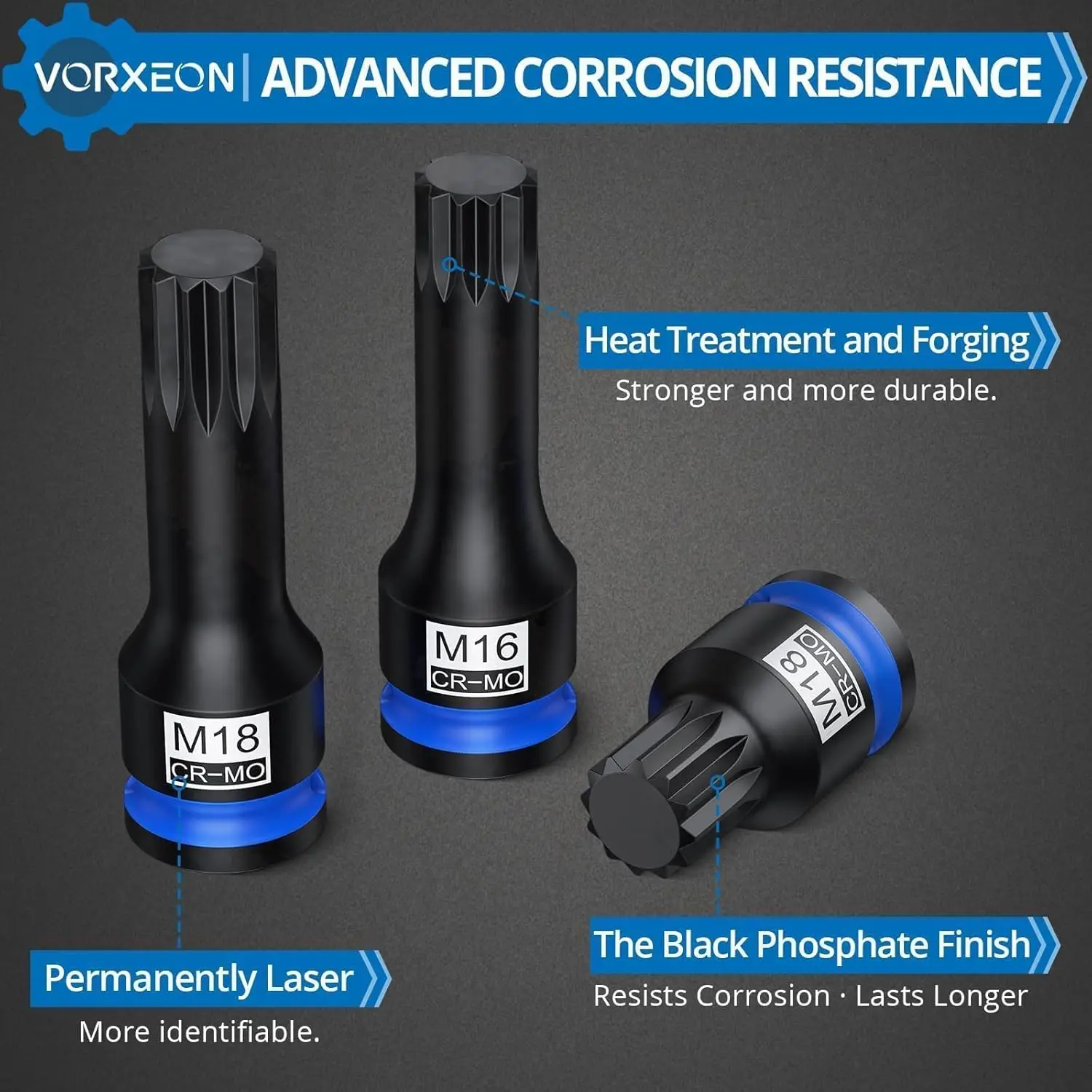 1/2 "محرك ثلاثي مربع سبلاين تأثير بت مآخذ مجموعات طويلة وقصيرة، 6 قطع XZN المقبس 42 Cr-Mo M14 M16 M18