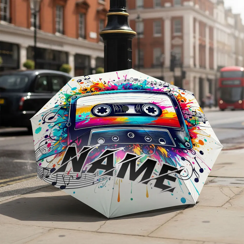 Custom Name umbrella, Colorful Music Cassette Design Umbrella Fashion Folding Umbrella for Daily Use, Christmas Gift