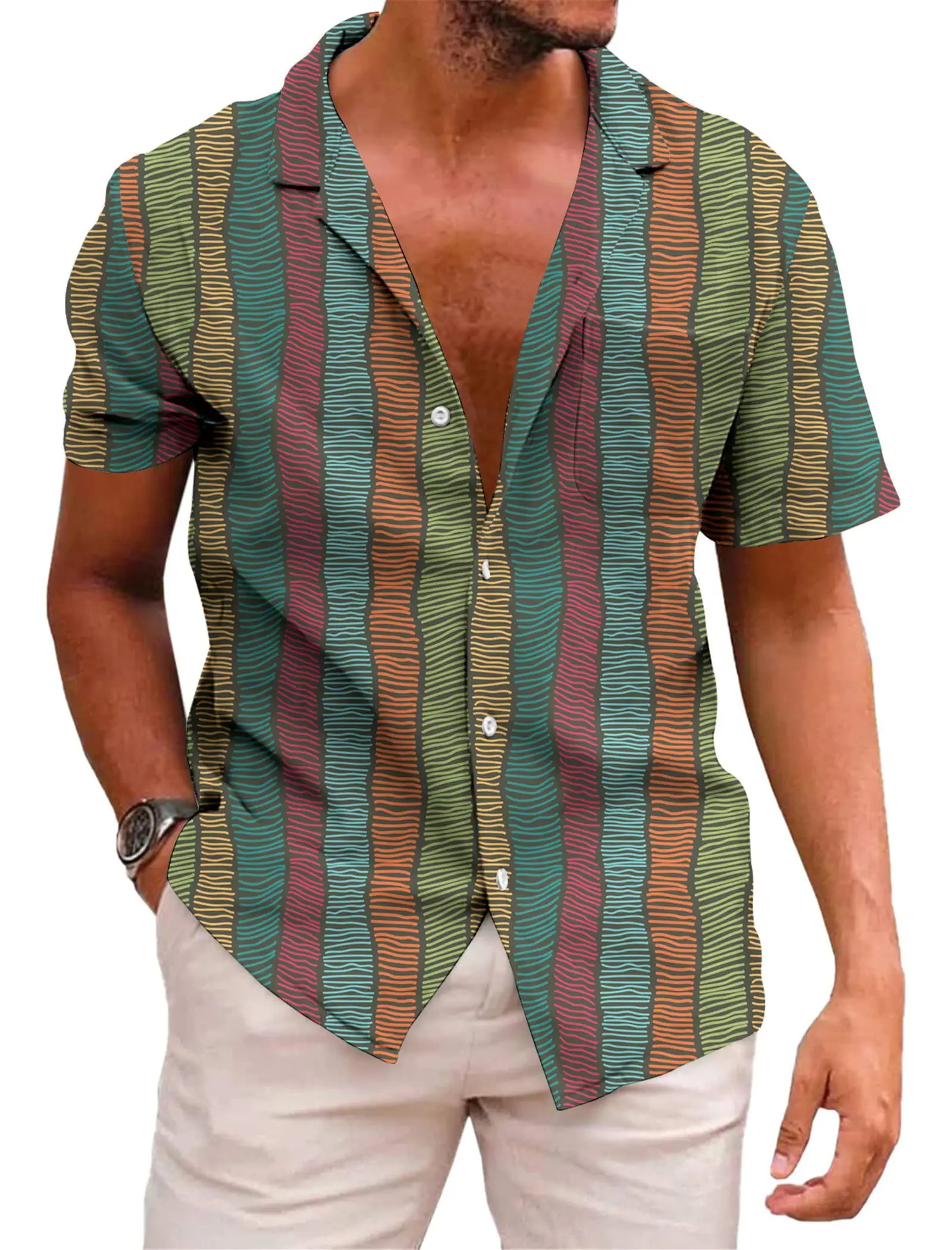 

KYKU Гавайская рубашка для мужчин с коротким рукавом на пуговицах, летняя одежда, пляжные рубашки для отдыха в полоску с карманами