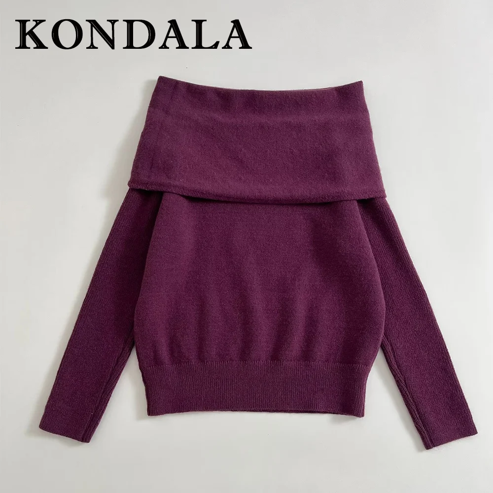 KONDALA Vintage Wine Red Sexy Fashion 2025 Off-shoulder Sweater Chic Fall Streetwear Night Party Valentine's Day Female Knitwear