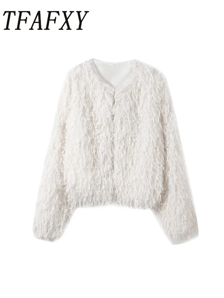 

TFAFXY Long Sleeve Jacket Feather Decoration Jackets For Women Soft Comfortable Short Coat Autumn Winter New Casual Streetw