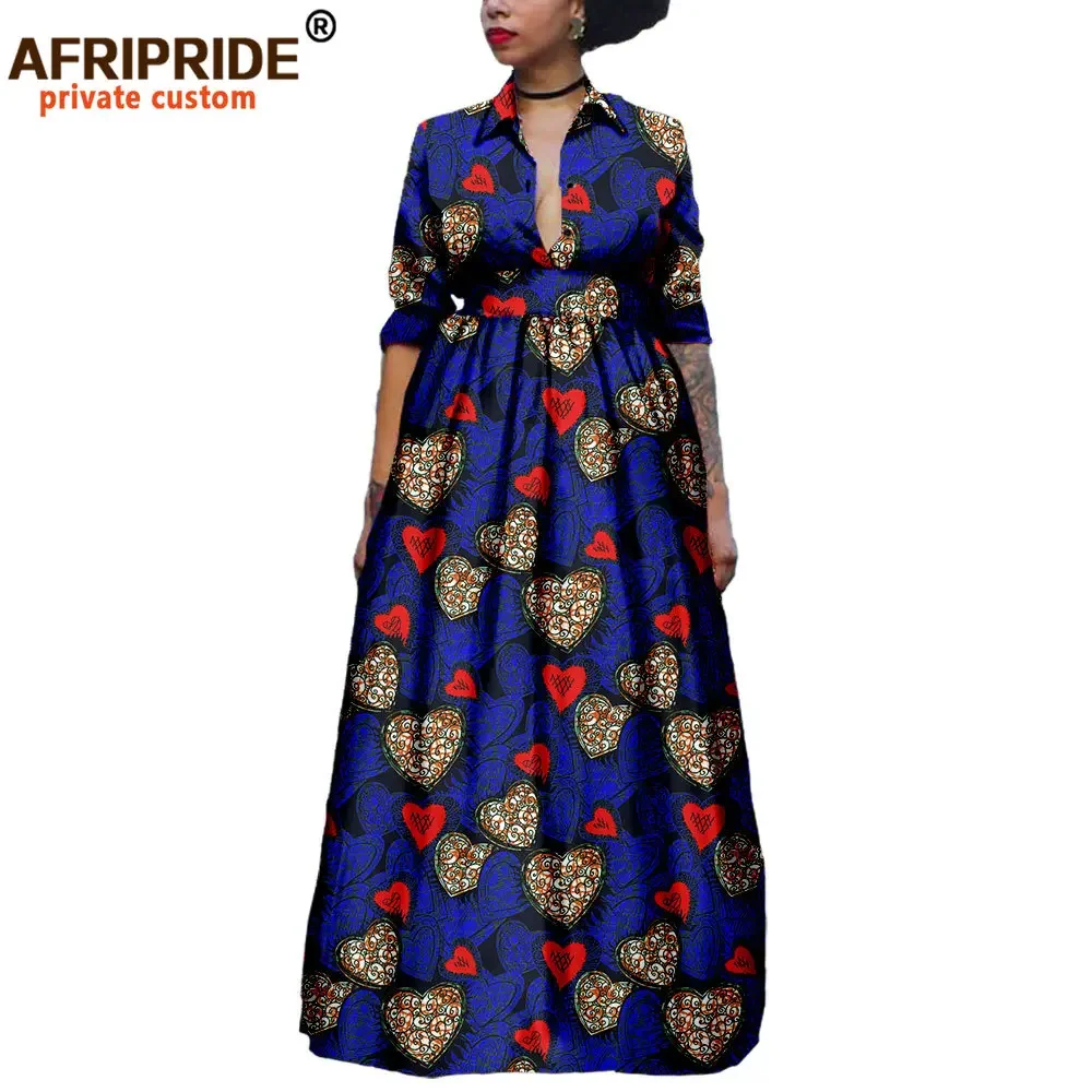 2025 African Long Maxi Dresses for Women Half Sleeve Ankle-length Notched Collar Party Dress Print Ankara AFRIPRIDE A1825075