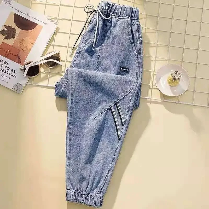 Women's Jeans Spring Autumn Stretch Waist Denim Pants Large Size Loose Female Casual Nine Point Harlan With Bound Feet Pants ﻿