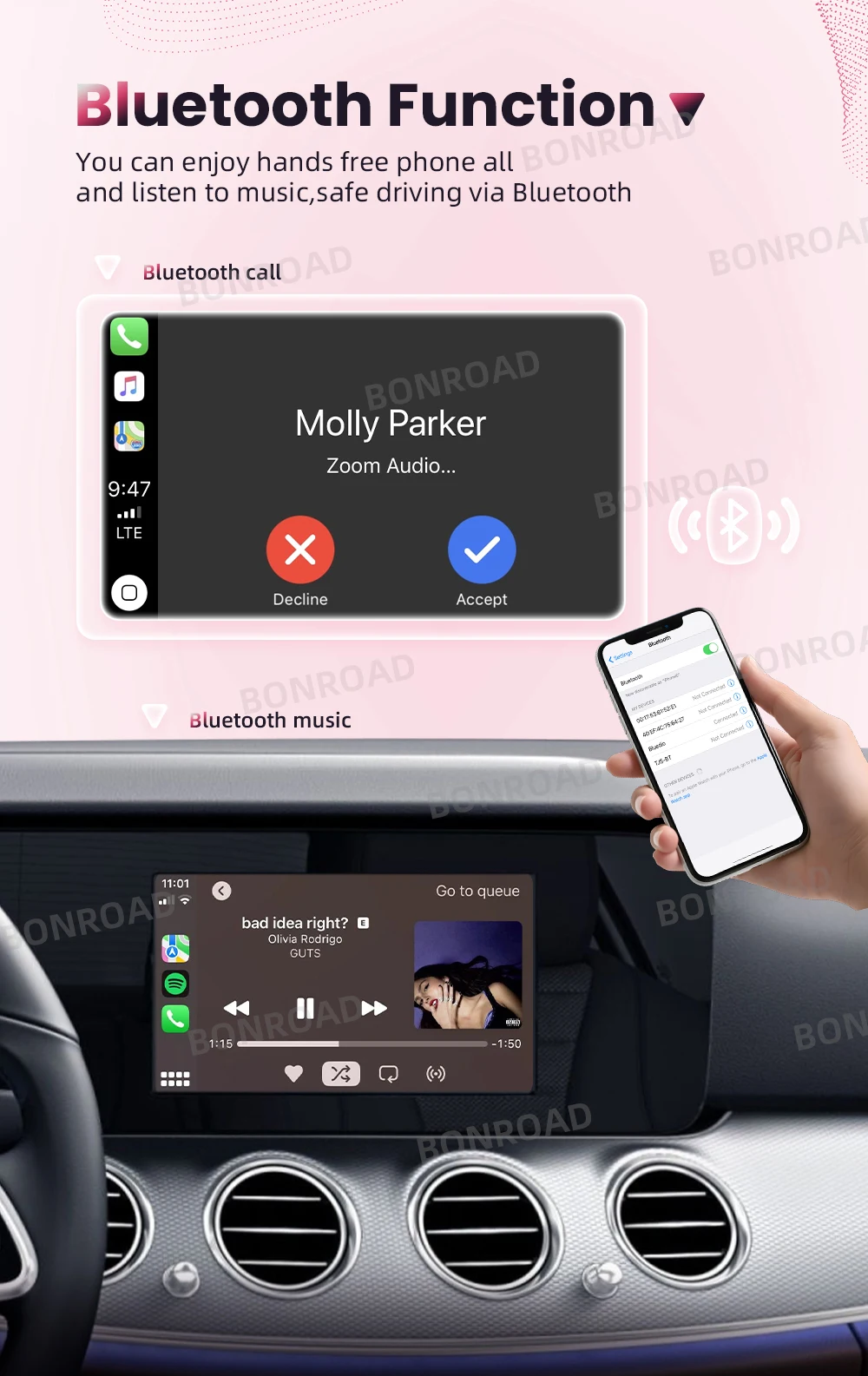BONROAD Wireless CarPlay Android Auto Interface-Modul für Mercedes Benz W213 NTG 5.5 mit 7-Zoll-Bildschirm, Bluetooth Mirror Link – Detail 4