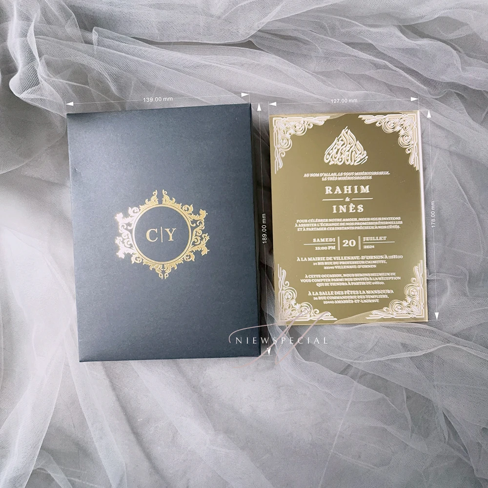 

Luxurious Gold Foil Box Wedding Invitation with Elegant Arabic Calligraphy and Ornate Border Design – Personalized Gold Mirror