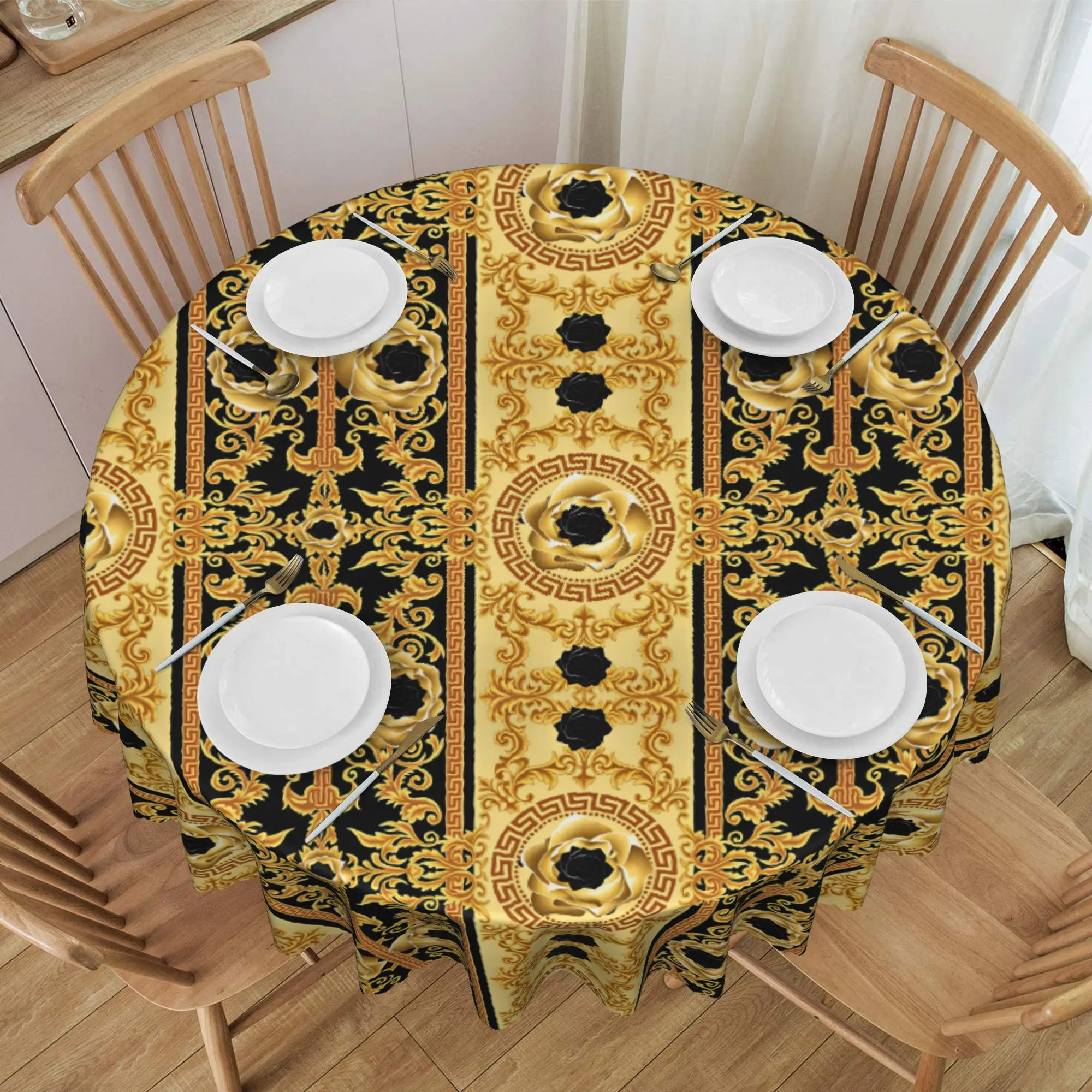 Nappe ronde dorée à motif floral baroque grec, anti-taches, style Frieze Renaissance, pour cuisine, 60 pouces
