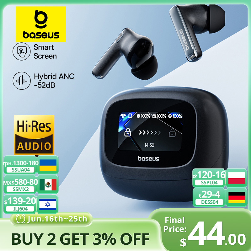 Baseus Bowie M2s Ultra Wireless Earphones Smart Screen 52dB Noise Cancelling Bluetooth 5.4 Headphones 3D Audio Spatial Earbuds