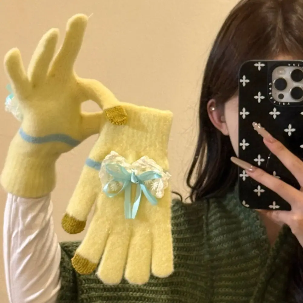 

Модные перчатки с бантом, удобные теплые перчатки с сенсорным экраном, теплые утолщенные перчатки с длинными пальцами для девочек