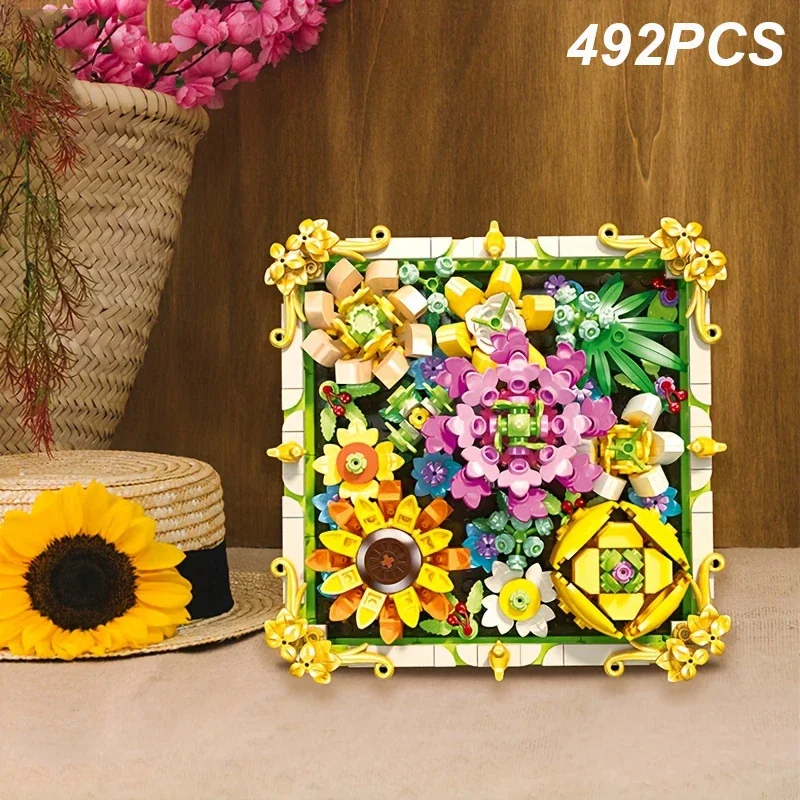 

492PCS Forever Flower Picture Frame Building Blocks Sunflower Rose Bouquet Design DIY Assembly Ornament Home Decor Adult Gift
