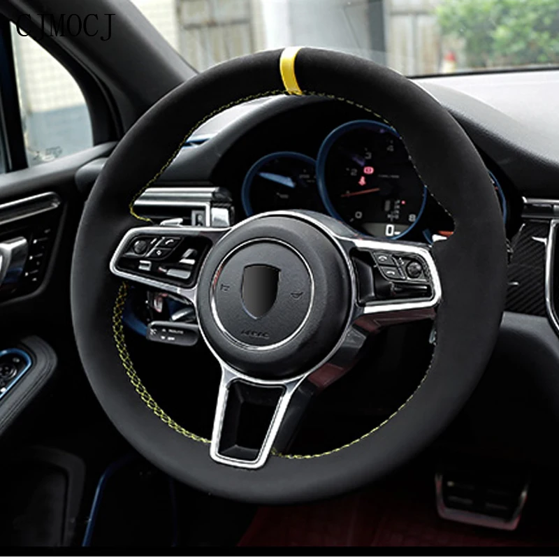 

for Porsche Cayenne Panamera Boxster 911 Macan 718 Customized Hand-Stitched Leather Suede Steering Wheel Cover Car Accessories