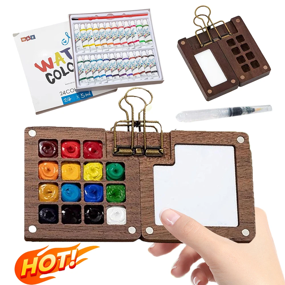 Mini orzech paleta farb akwarelowych szkic akwarelowy książka profesjonalna pusta drewniana paleta farb taca artystyczne materiały malarskie
