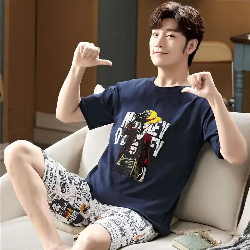 

Men's Cotton Pajama Summer Tops with Shorts Japan Anime Style Casual Cozy Cartoon Printed 2 Pieces Sleepwear Casual Pyjama Cozy