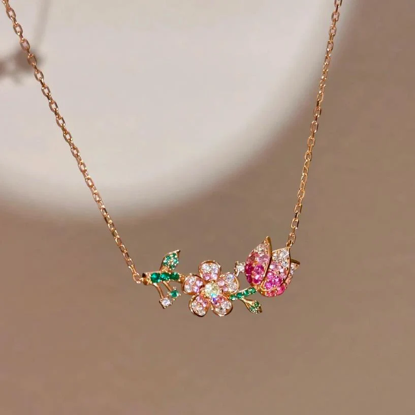 Sweet Tulip Gradient Pink Zircon Flower Necklace Fashion Light Luxury Green CZ Earnail Colorful Jewelry Set for Women KOFSAC