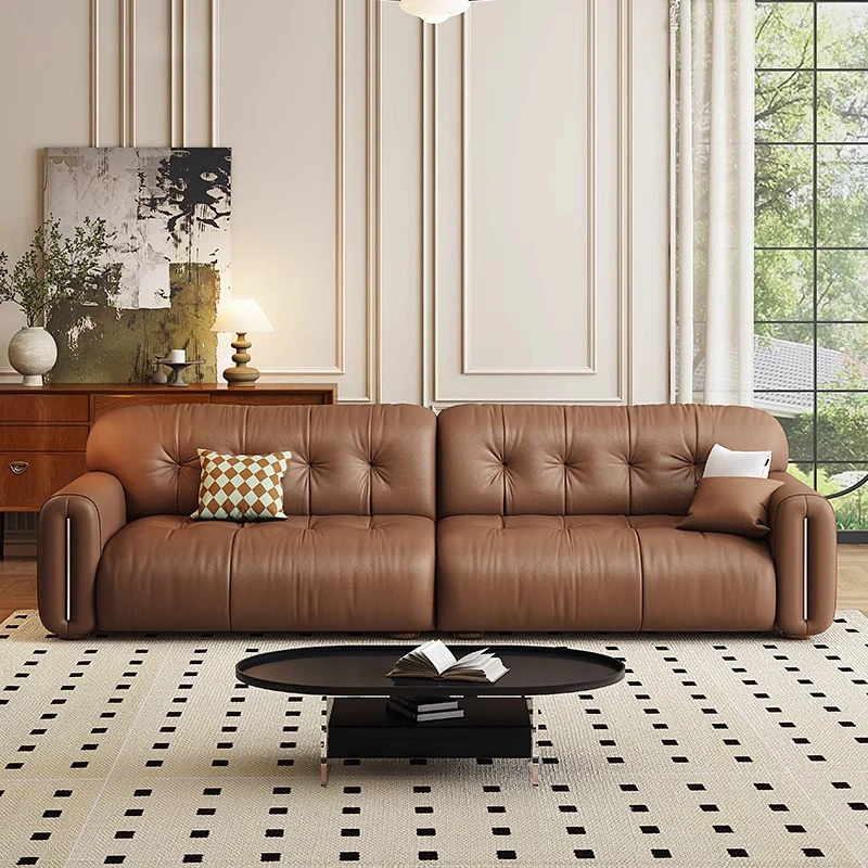 

Italian Retro Cloud , Top-Grain Cowhide, Light Luxury Living Room Straight-Line Sofa, French Vintage Black Genuine Leather S