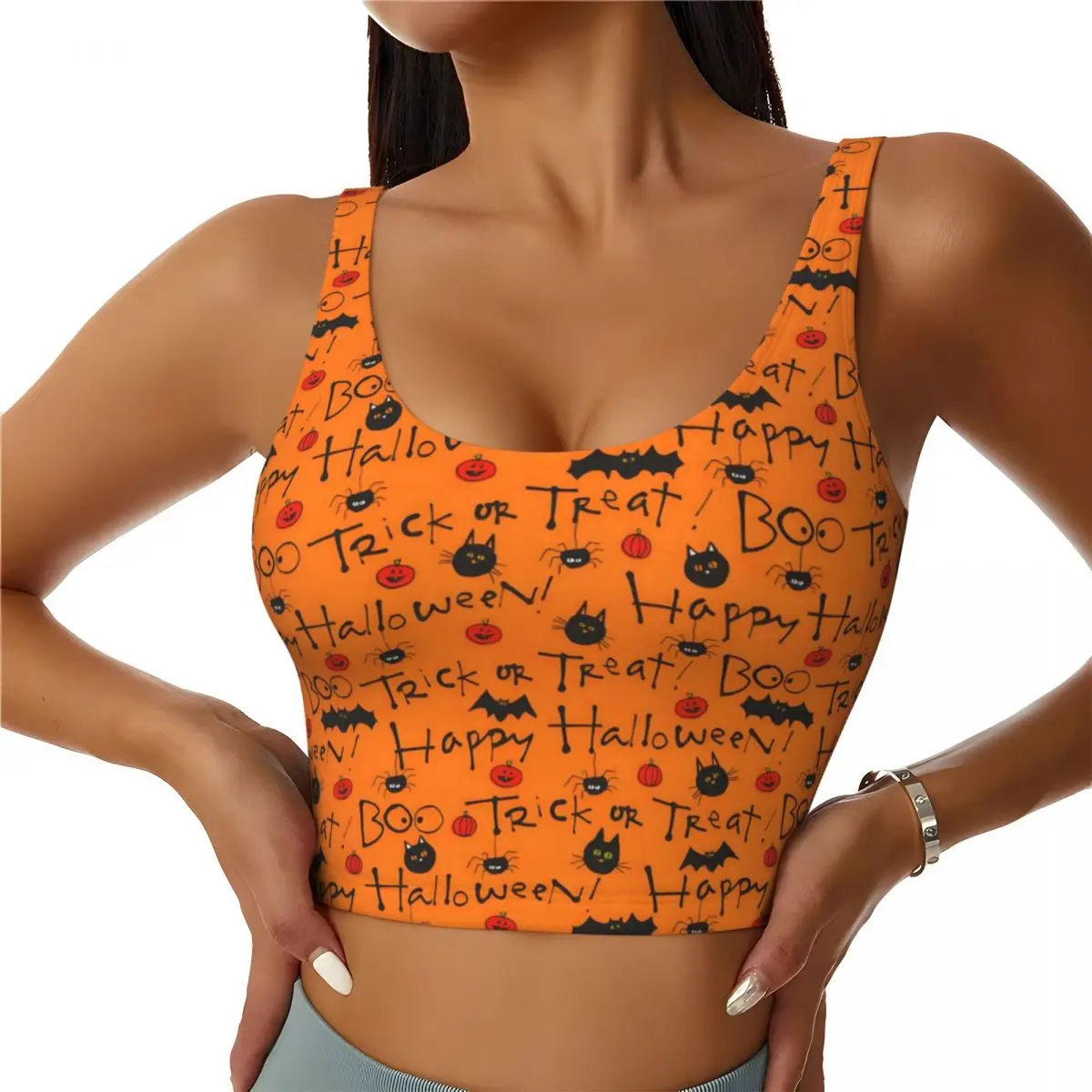 Custom Women's Traditions Halloween Orange Happy Halloween Sports Bras High Impact Gym Workout Running Crop Tank Tops