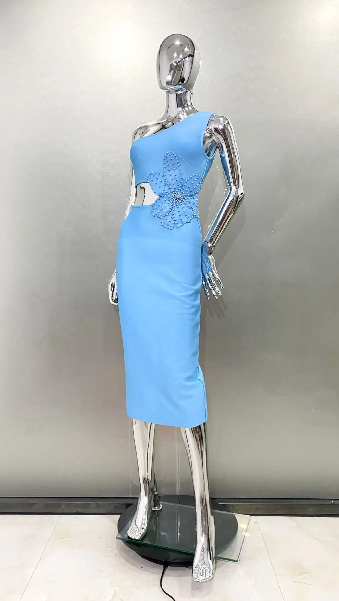 Vestido Bodycon elegante para mujer, traje Sexy de lujo con un hombro recortado, flores, color azul, para fiesta y Club nocturno, 2024