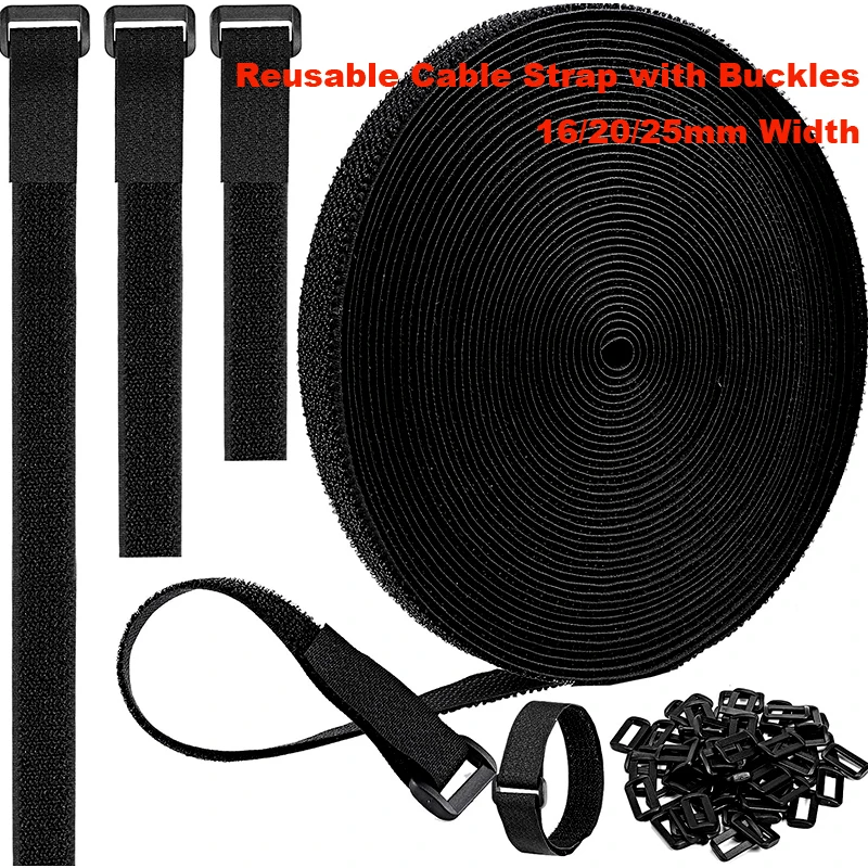 

2Meter Hook and Loop Fastening Tape with 10 Buckles Free Cutting Length Cable Straps Resealable Cable Tie 16/20/25MM