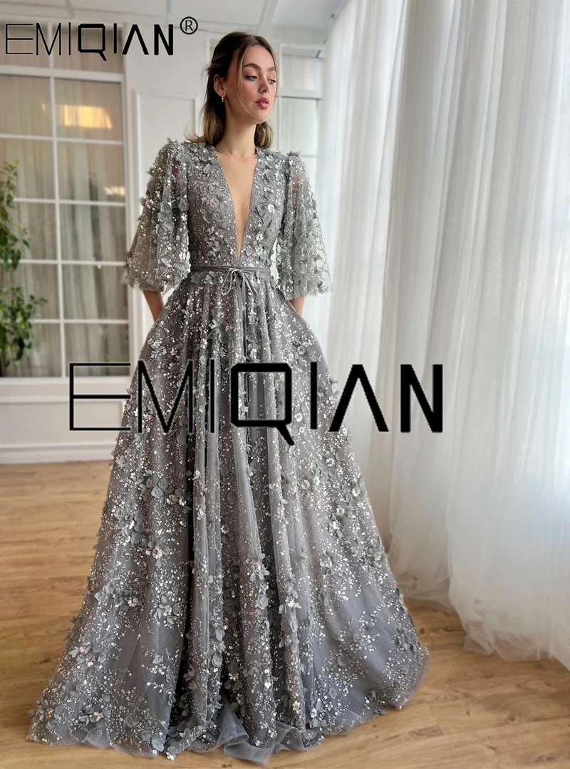 V neck Graduation Gown Wedding Party Evening Dress Grey Ball Female Dresses for Youth Women Prom Deess Evones Long Gala