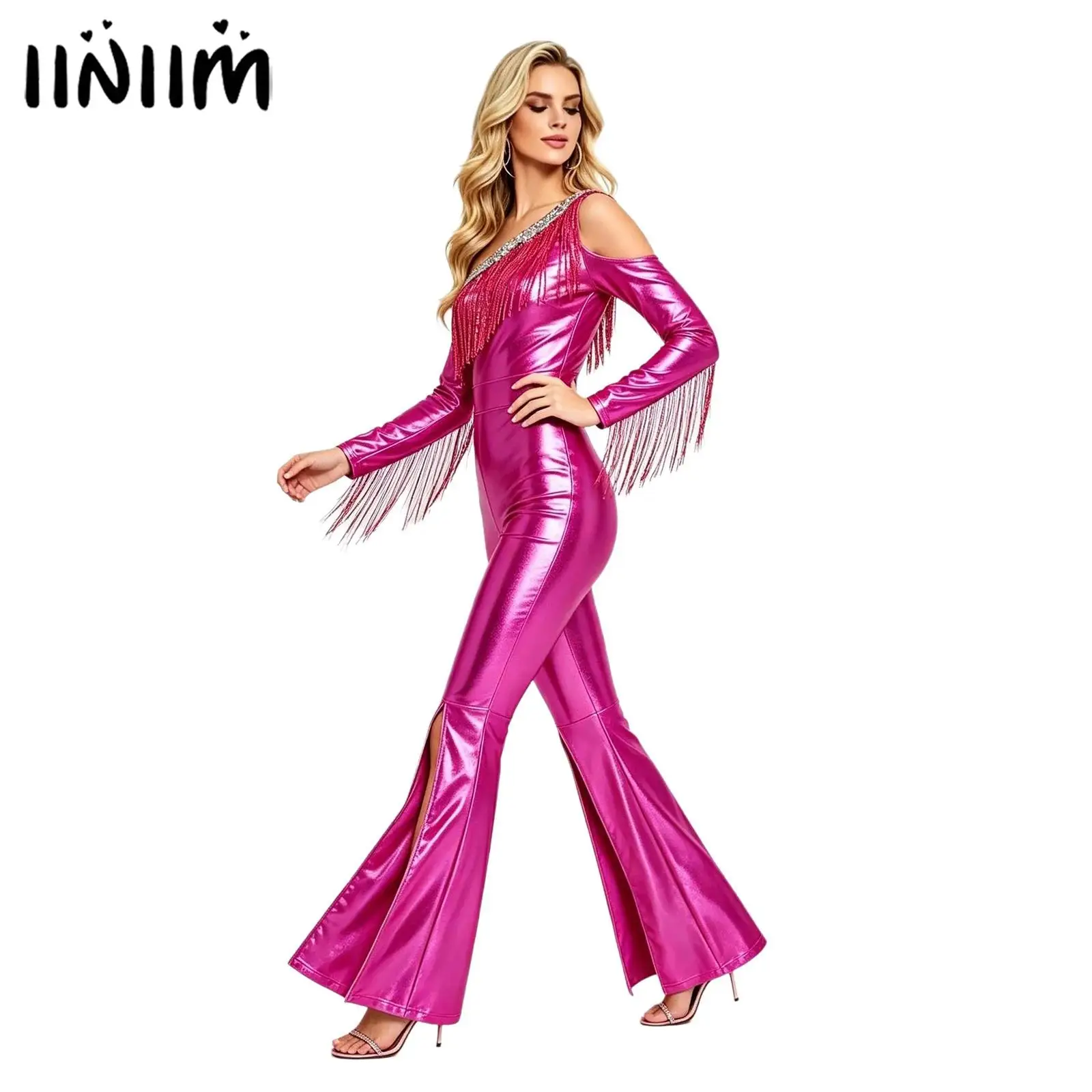 Women Shiny Metallic Unitards Jumpsuit One‑Shoulder Sequin Tassel  Bell Bottoms Long Sleeve Split Flare Pant Retro Disco Costume