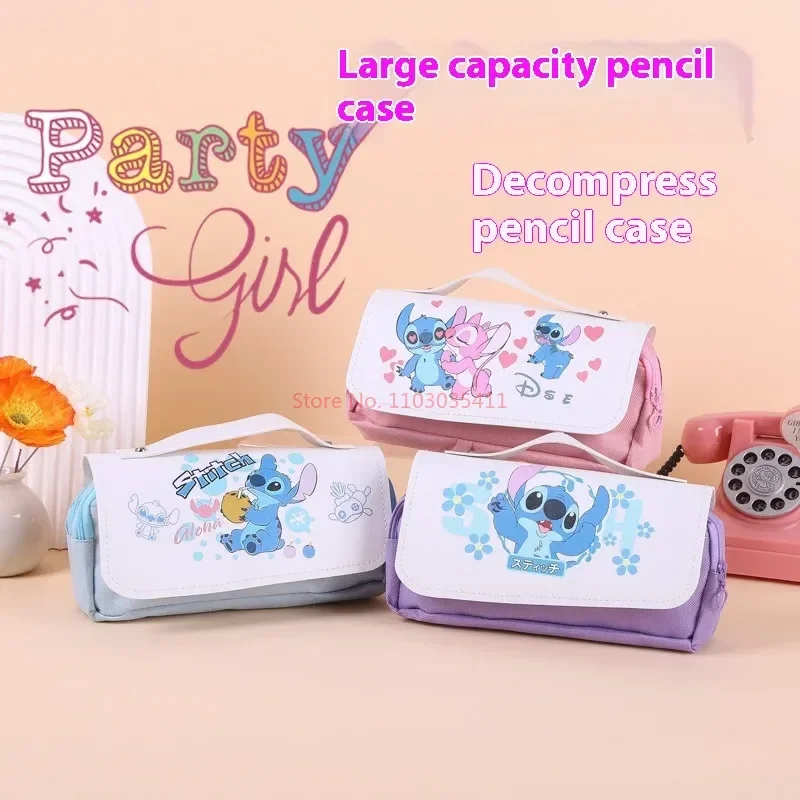 Imagem -02 - Stitch Pencil Bolsa para Meninos e Meninas Lona Impressa para Estudantes Papelaria Portátil Estojo de Dupla Camada Novo