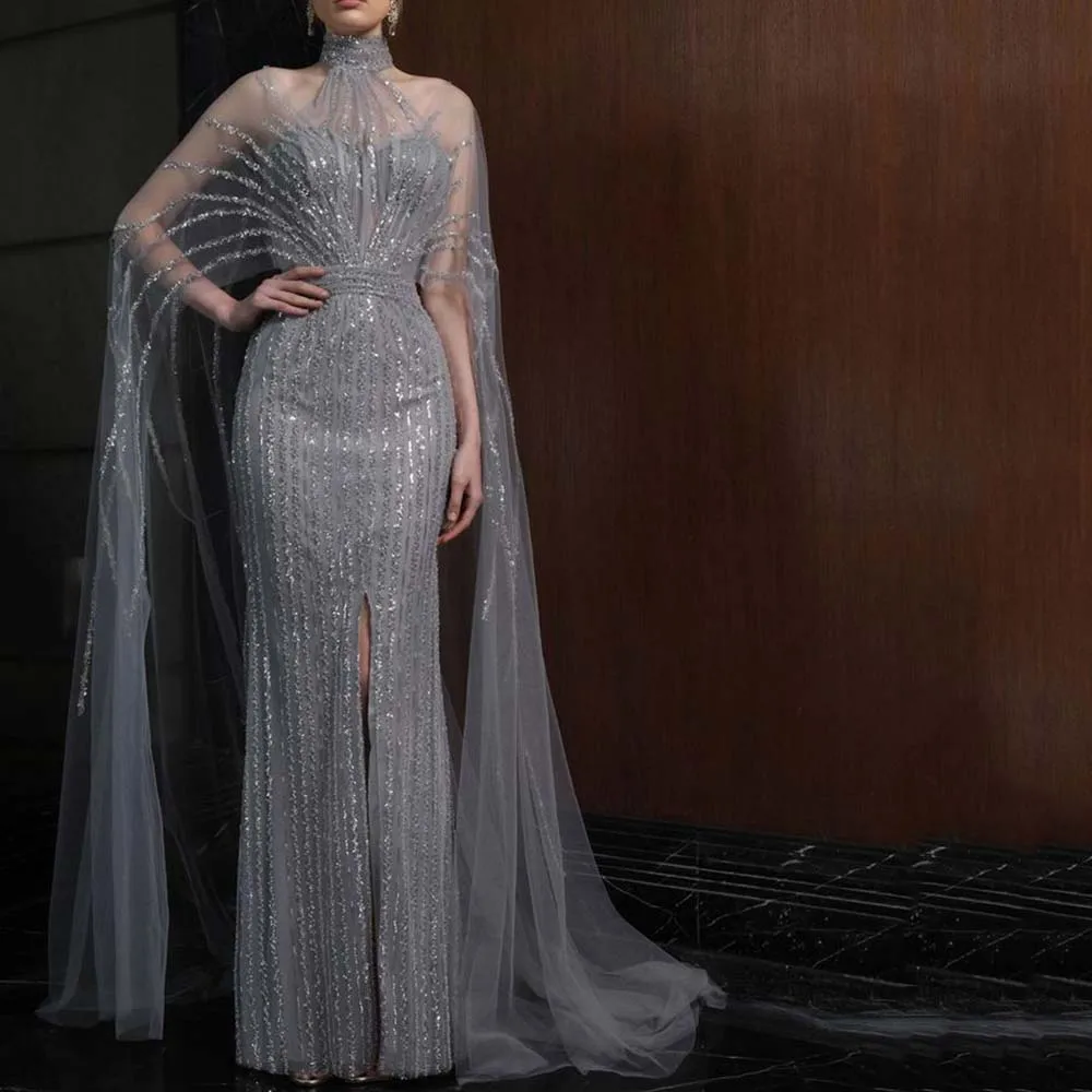 Exquisite Blue Gray Women Prom Dresses High Collar Full Sleeves Straight Split Illusion High Quality Evening Party Gowns