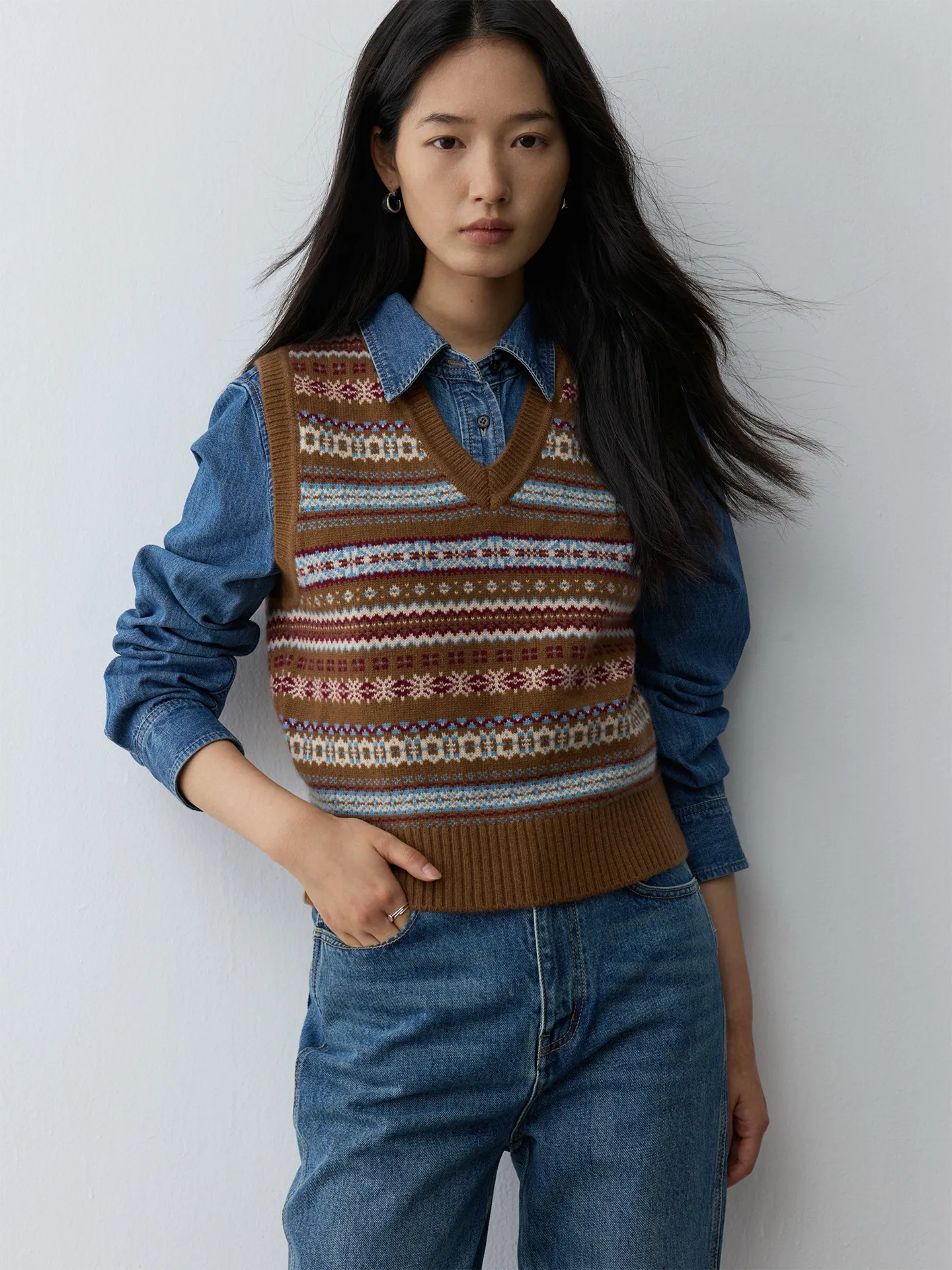 English vintage Fair Island style Conseni au pure cashmere layered V-neck jacquard vest vest for women