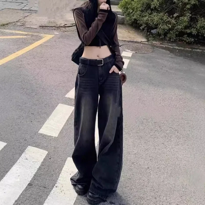 

Washed Black Gray High Waist Wide Leg Jeans for Women American Retro High Street Loose Slimming Draped Floor-Length Straight Pan