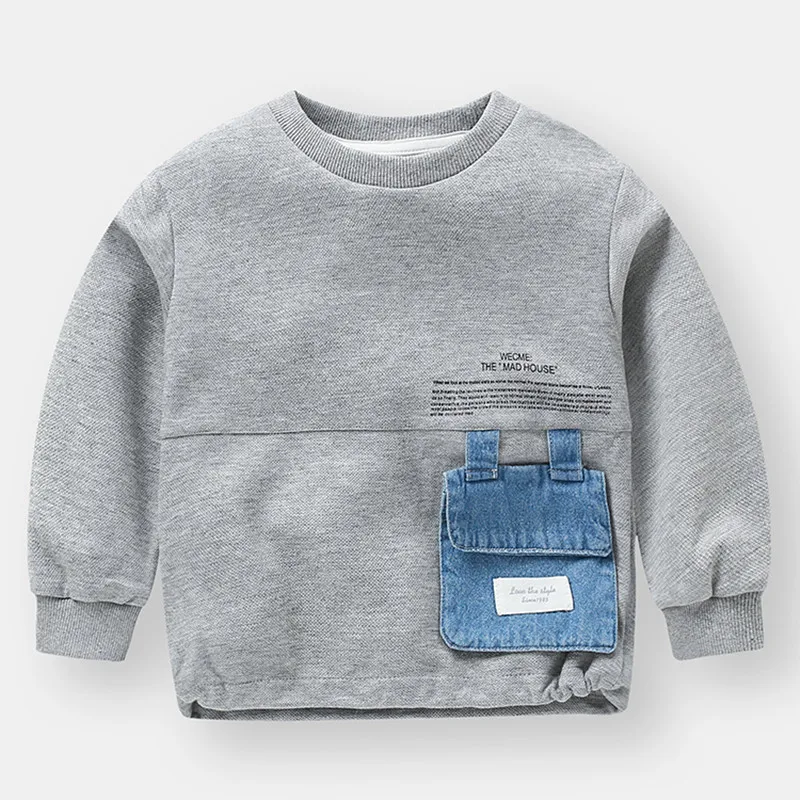 2023 Spring Autumn Fashion 2 3 4 5 6 7 8 10 Years Children Black Gray Denim Pocket Color Patchwork Sweatshirt For Kids Baby Boy