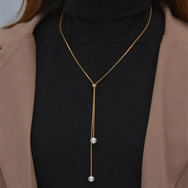 Simple Faux Pearl Pendant Adjustable Long Sweater Chain Necklace Female Necklace Jewelry Ornament Gift