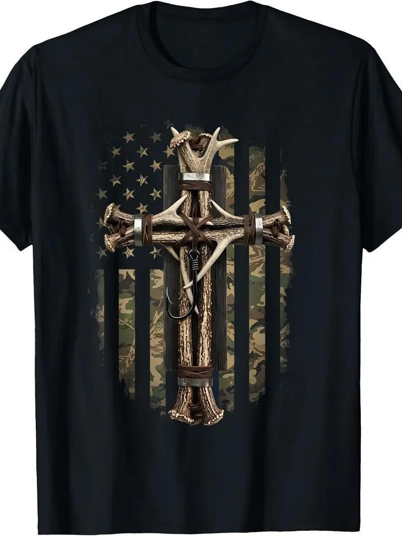 Camouflage Cross Deer Horn Fish Hook Hunting Christian Bible T Shirt Retro Casual Crew Neck Printed Graphic Tee For Men Women Ou