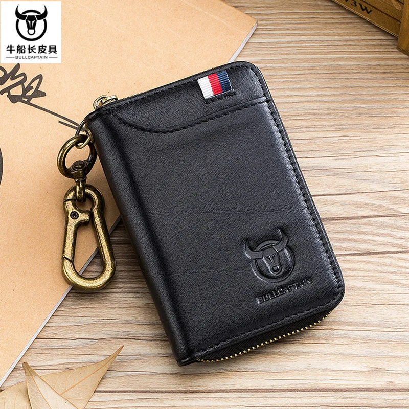 Cartera de cuero genuino para hombre, llavero con cremallera, monedero, bolsillo, dinero en efectivo, antirrobo