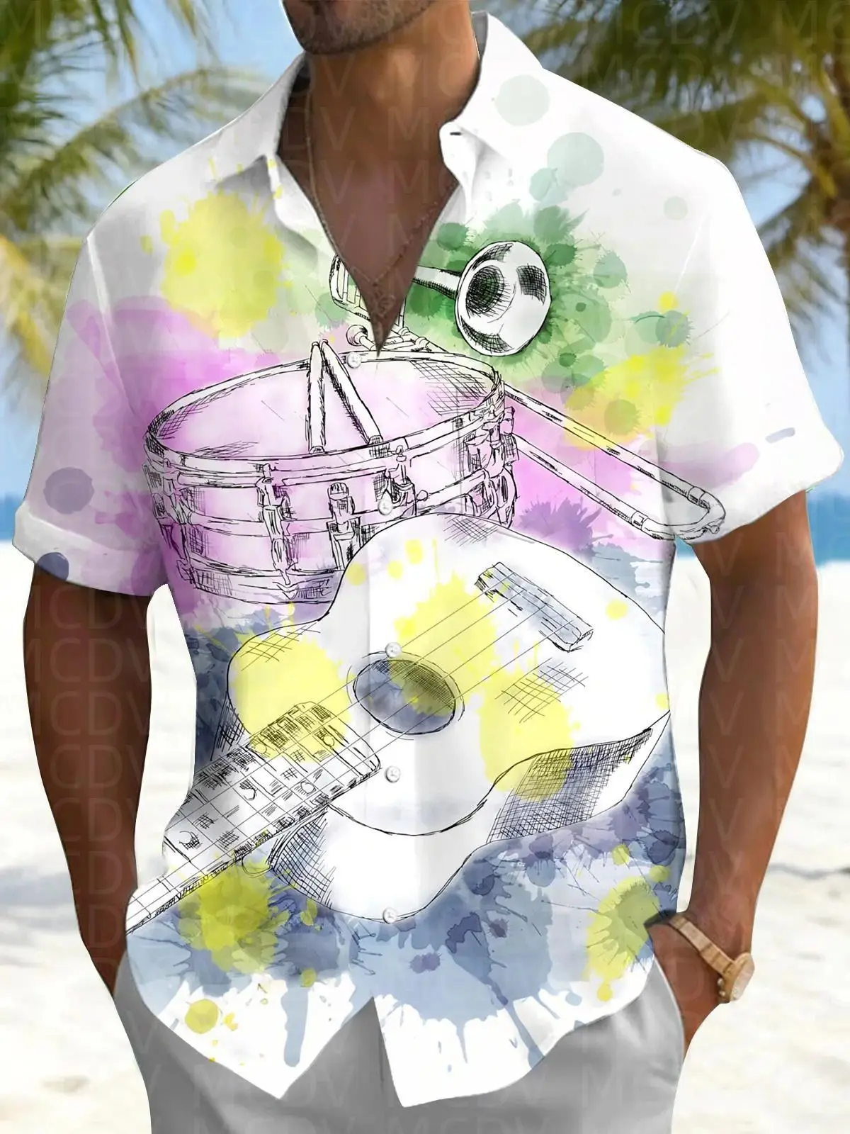 Guitar Men's Hawaiian Shirt Stretch Easy Care Camp Shirt Big Tall