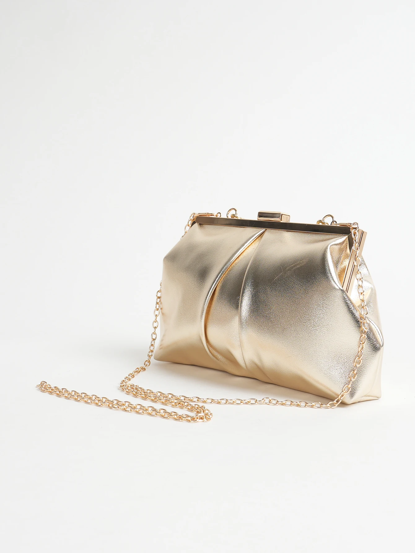1 Stück Elegante Abendtasche aus Metallic-PU-Leder mit Falten und Kiss-Lock-Verschluss, Glänzender Metallkettenhalter-Rahmen, Crossbody-Clutch-Tasche – Detail 13